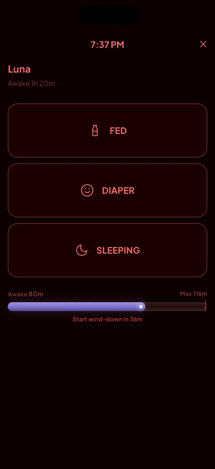 Snuggle's night mode: a nearly black screen lit only in red, showing 7:37 PM, Luna awake 1h 20m, and three large buttons — FED, DIAPER and SLEEPING — above a bar reading awake 80m of a 116m maximum and start wind-down in 36m.