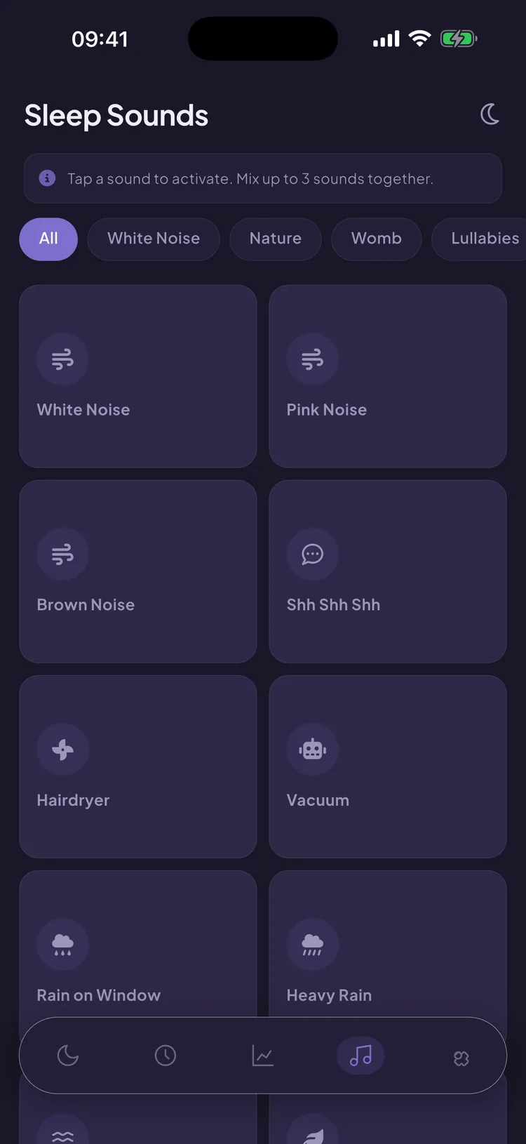 Snuggle's Sleep Sounds screen: category filters for White Noise, Nature, Womb and Lullabies, and a grid of sound tiles — white noise, pink noise, brown noise, shh shh shh, hairdryer, vacuum, rain on window and heavy rain — with a note that up to three can be mixed.